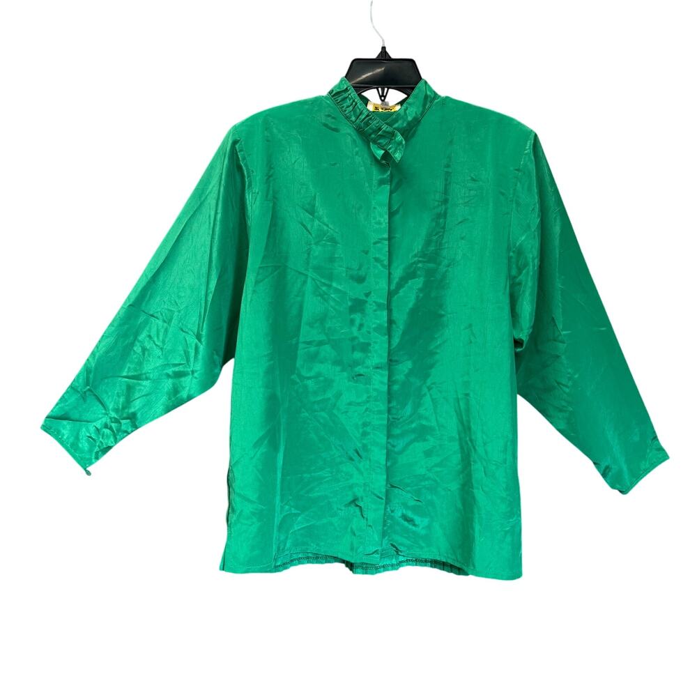 Vintage Metro Grand Button up green shoulder pads 3/4 sleeves Blouse size 10